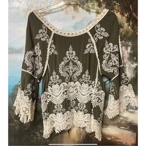 Democracy Olive and Cream Lace Blouse